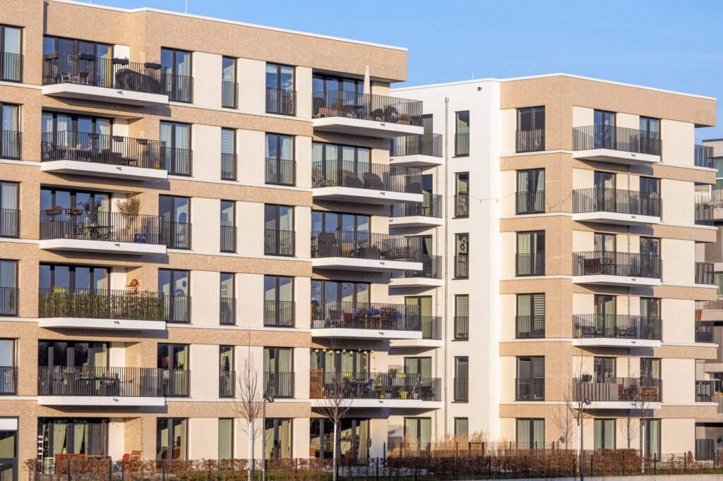 New apartment buildings in a housing development area